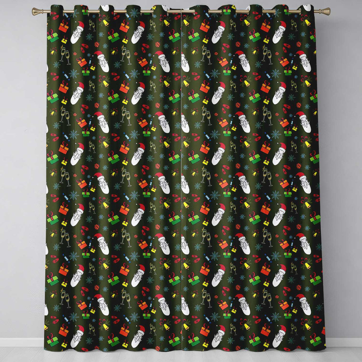 Santa Claus Gifts Mittens Champagne Glass Snowflakes Festive Seamless Pattern Readymade Eyelet Ring Top Thermal 100% Blackout Curtains