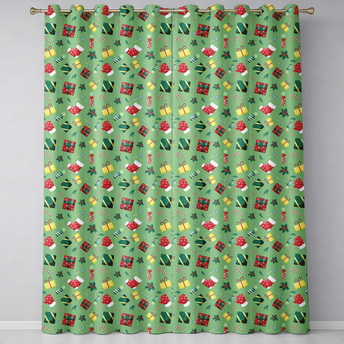 Chirstmas Gift Boxes Socks Gloves Ornaments Festive Seamless Pattern Readymade Eyelet Ring Top Thermal 100% Blackout Curtains