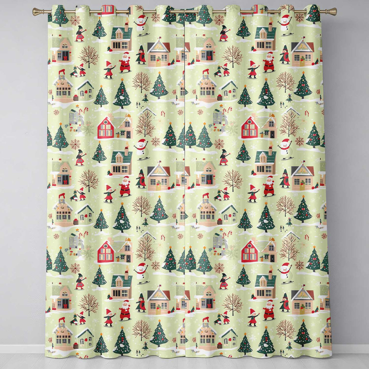 Vintage Christmas Village Snowman Santa Ice Skating Festive Winter Scene Readymade Eyelet Ring Top Thermal 100% Blackout Curtains