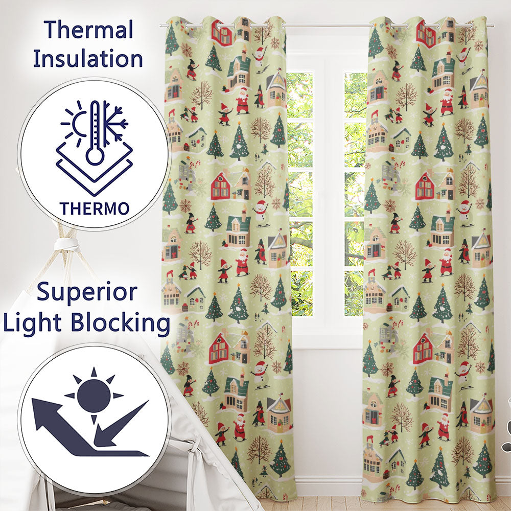Vintage Christmas Village Snowman Santa Ice Skating Festive Winter Scene Readymade Eyelet Ring Top Thermal 100% Blackout Curtains