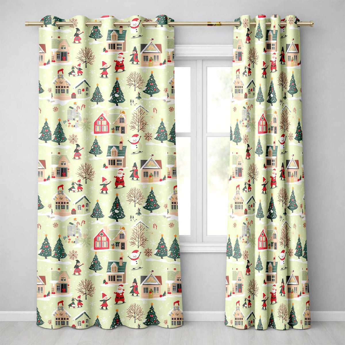 Vintage Christmas Village Snowman Santa Ice Skating Festive Winter Scene Readymade Eyelet Ring Top Thermal 100% Blackout Curtains