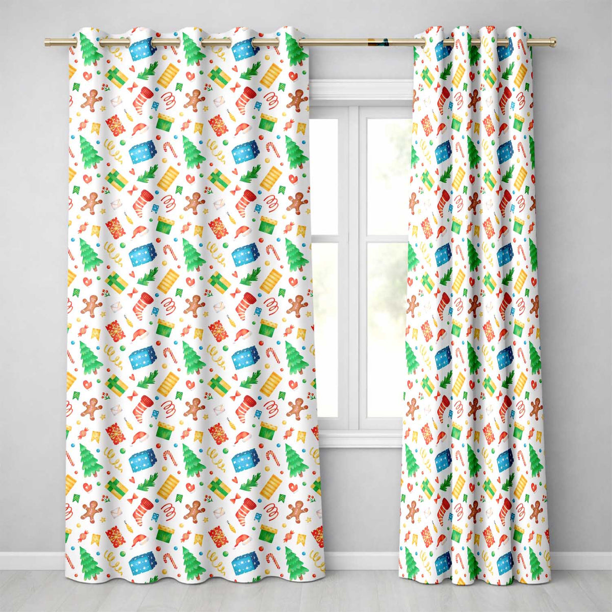 Watercolor Christmas Gifts Candy Gingerbread Festive Holiday Seamless Pattern Readymade Eyelet Ring Top Thermal 100% Blackout Curtains