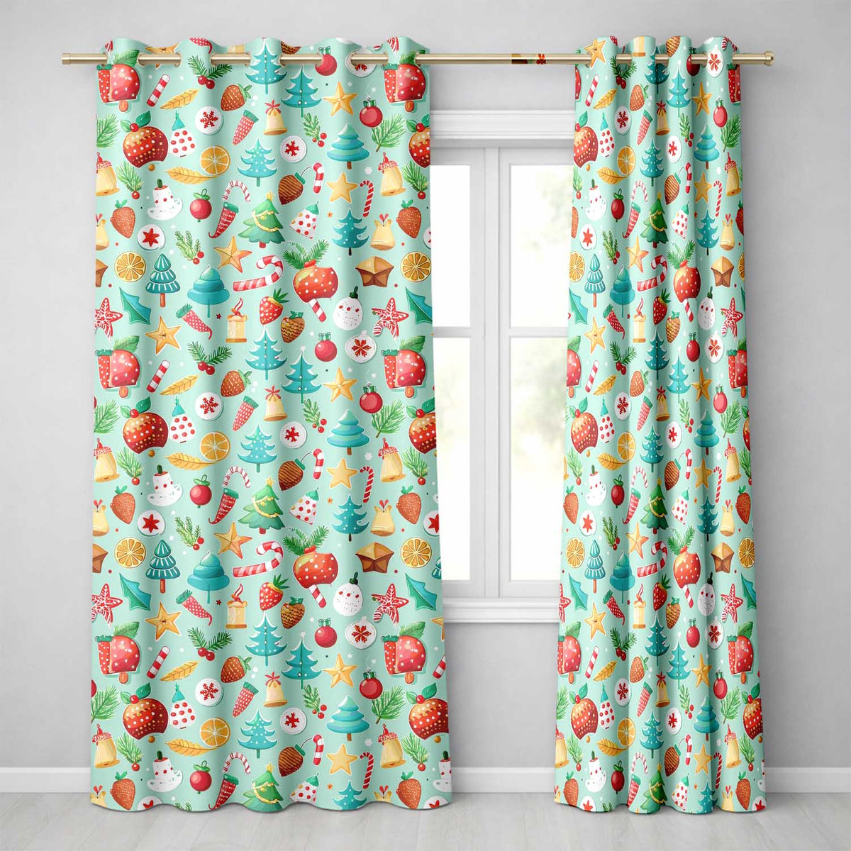 Festive Christmas Trees Ornaments Strawberries Candy Cane Holiday Readymade Eyelet Ring Top Thermal 100% Blackout Curtains