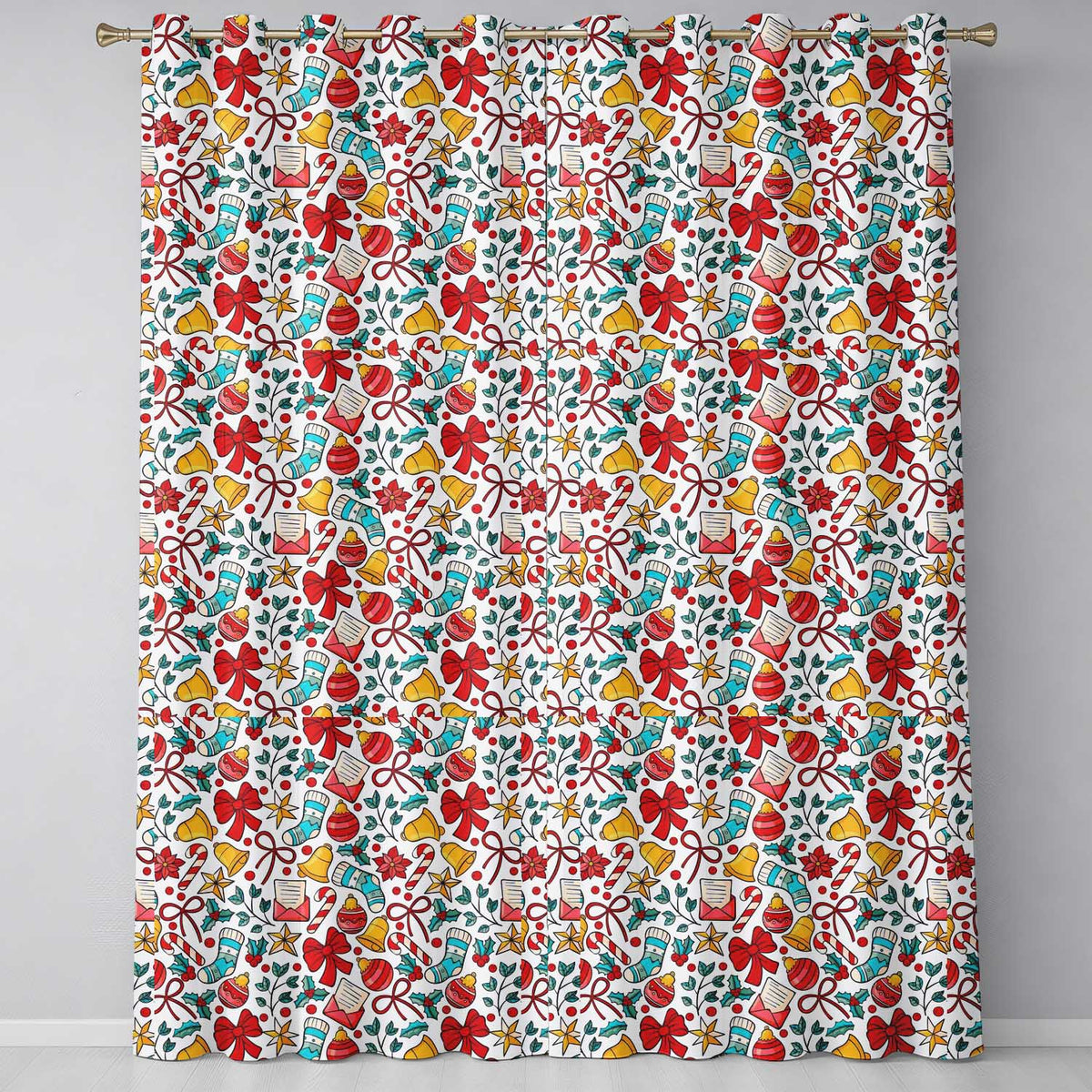Holiday Bells Bows Stockings Candy Cane Christmas Seamless Pattern Readymade Eyelet Ring Top Thermal 100% Blackout Curtains
