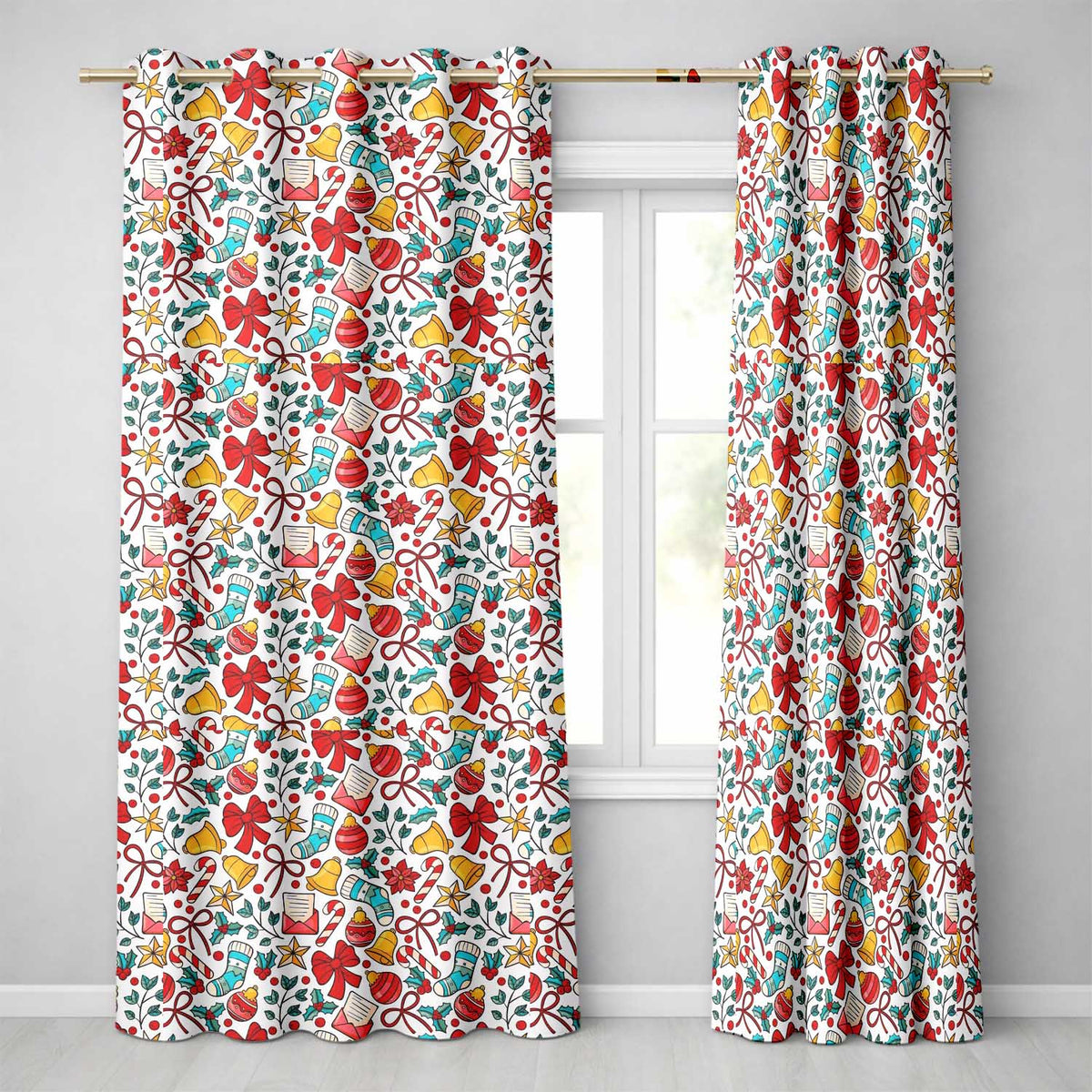Holiday Bells Bows Stockings Candy Cane Christmas Seamless Pattern Readymade Eyelet Ring Top Thermal 100% Blackout Curtains