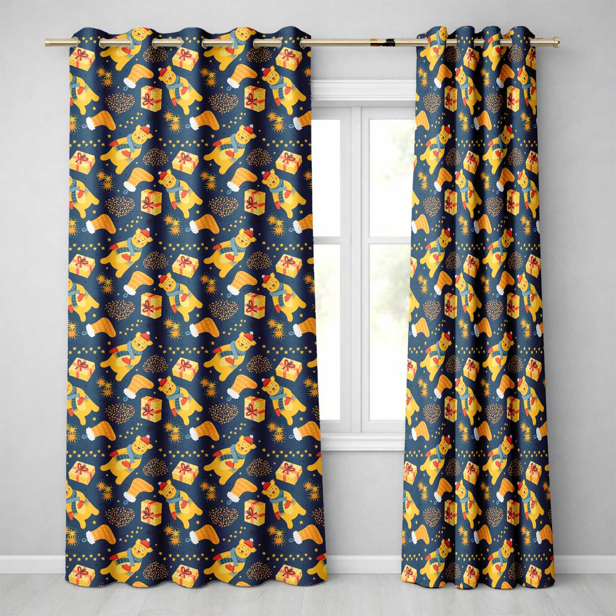 Cute Winter Bears Gifts Lights Cozy Christmas Seamless Pattern Readymade Eyelet Ring Top Thermal 100% Blackout Curtains