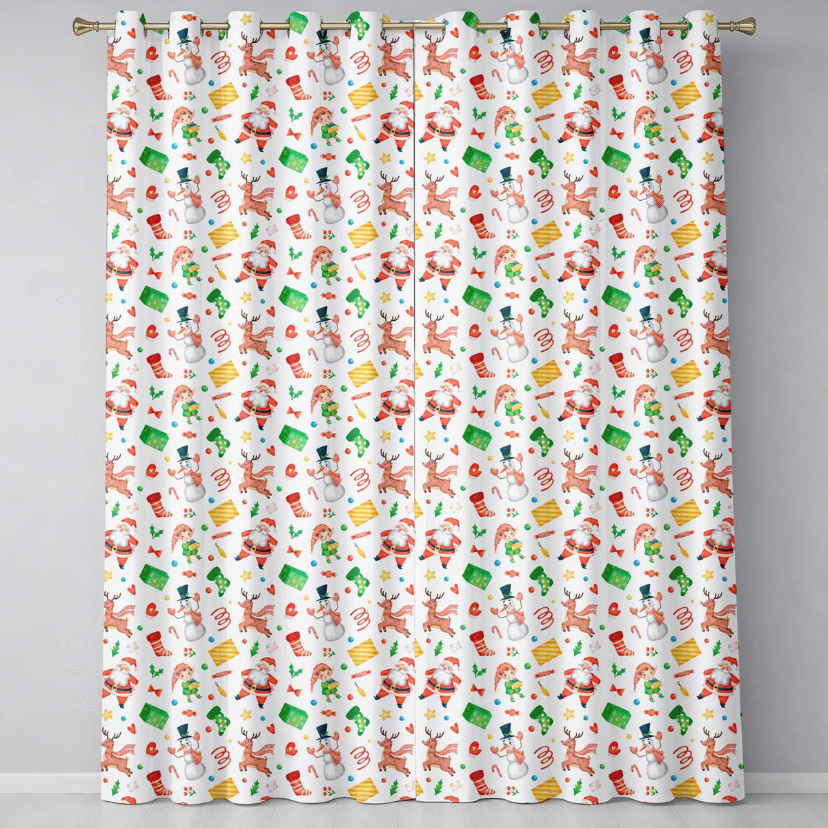 Cute Santa Snowman Reindeer Elf Christmas Holiday Fun Seamless Pattern Readymade Eyelet Ring Top Thermal 100% Blackout Curtains