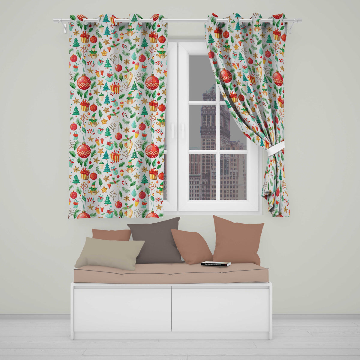 Festive Christmas Ornaments Trees Gifts Holiday Elements Seamless Pattern Readymade Eyelet Ring Top Thermal 100% Blackout Curtains