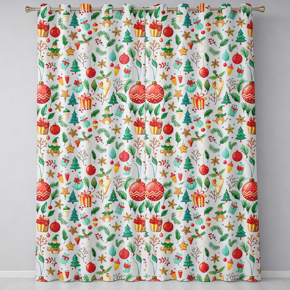 Festive Christmas Ornaments Trees Gifts Holiday Elements Seamless Pattern Readymade Eyelet Ring Top Thermal 100% Blackout Curtains