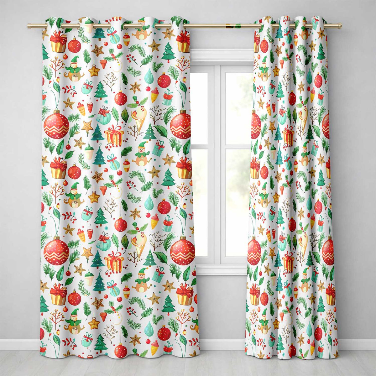 Festive Christmas Ornaments Trees Gifts Holiday Elements Seamless Pattern Readymade Eyelet Ring Top Thermal 100% Blackout Curtains