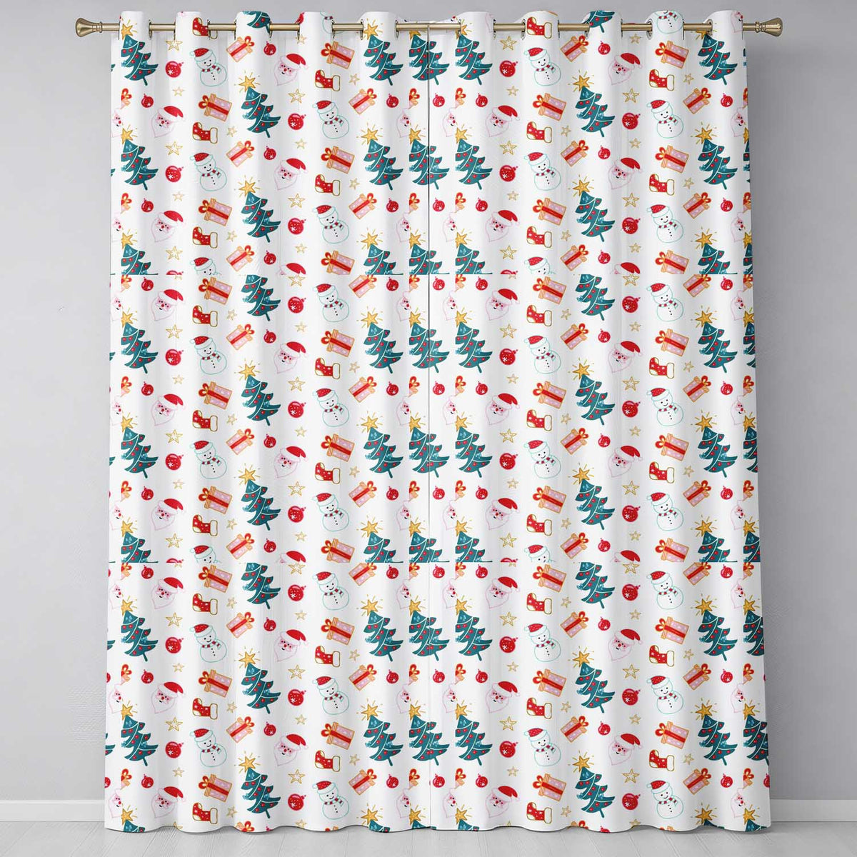 Cute Snowman Santa Tree Gifts Stars Holiday Seamless Pattern Readymade Eyelet Ring Top Thermal 100% Blackout Curtains