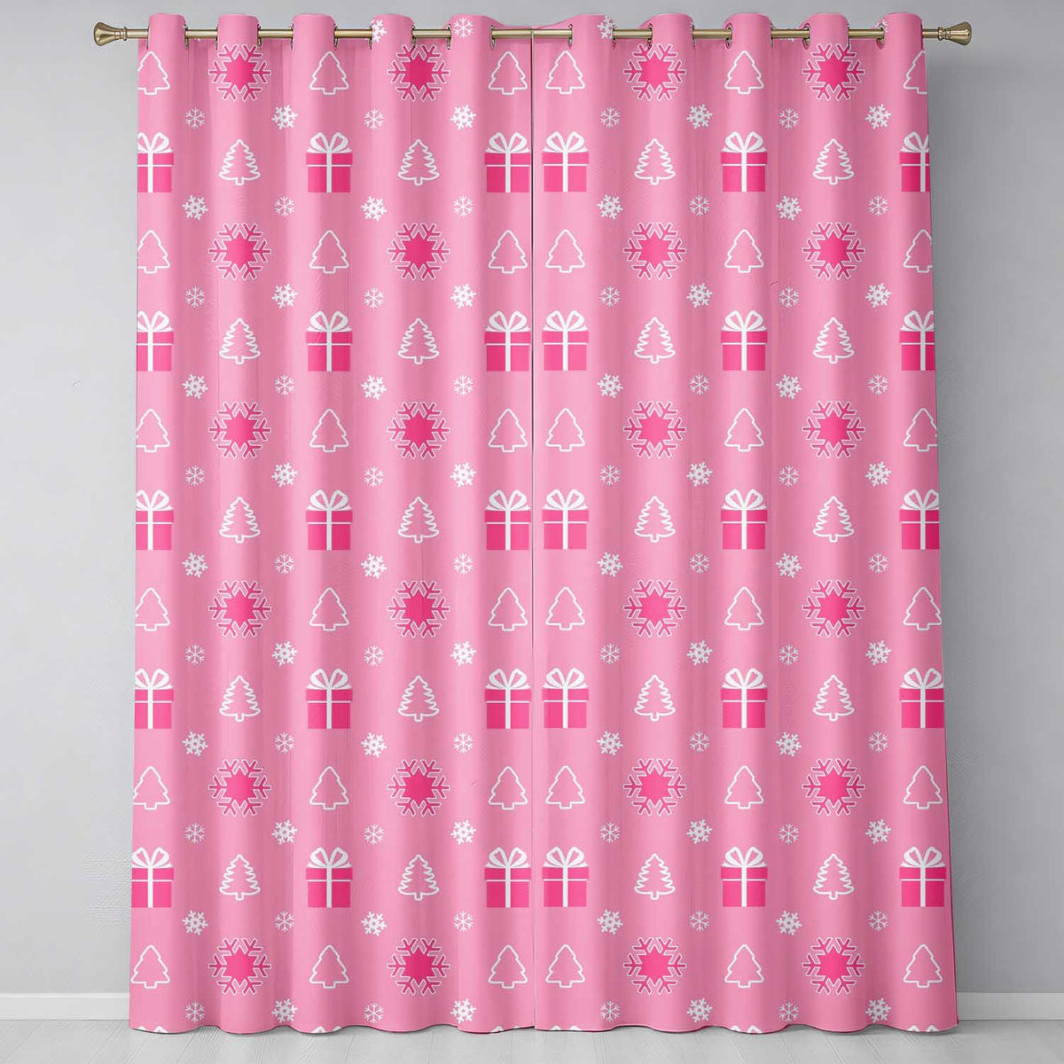 Pink Christmas Snowflakes Trees Gift Box Seamless Pattern Readymade Eyelet Ring Top Thermal 100% Blackout Curtains