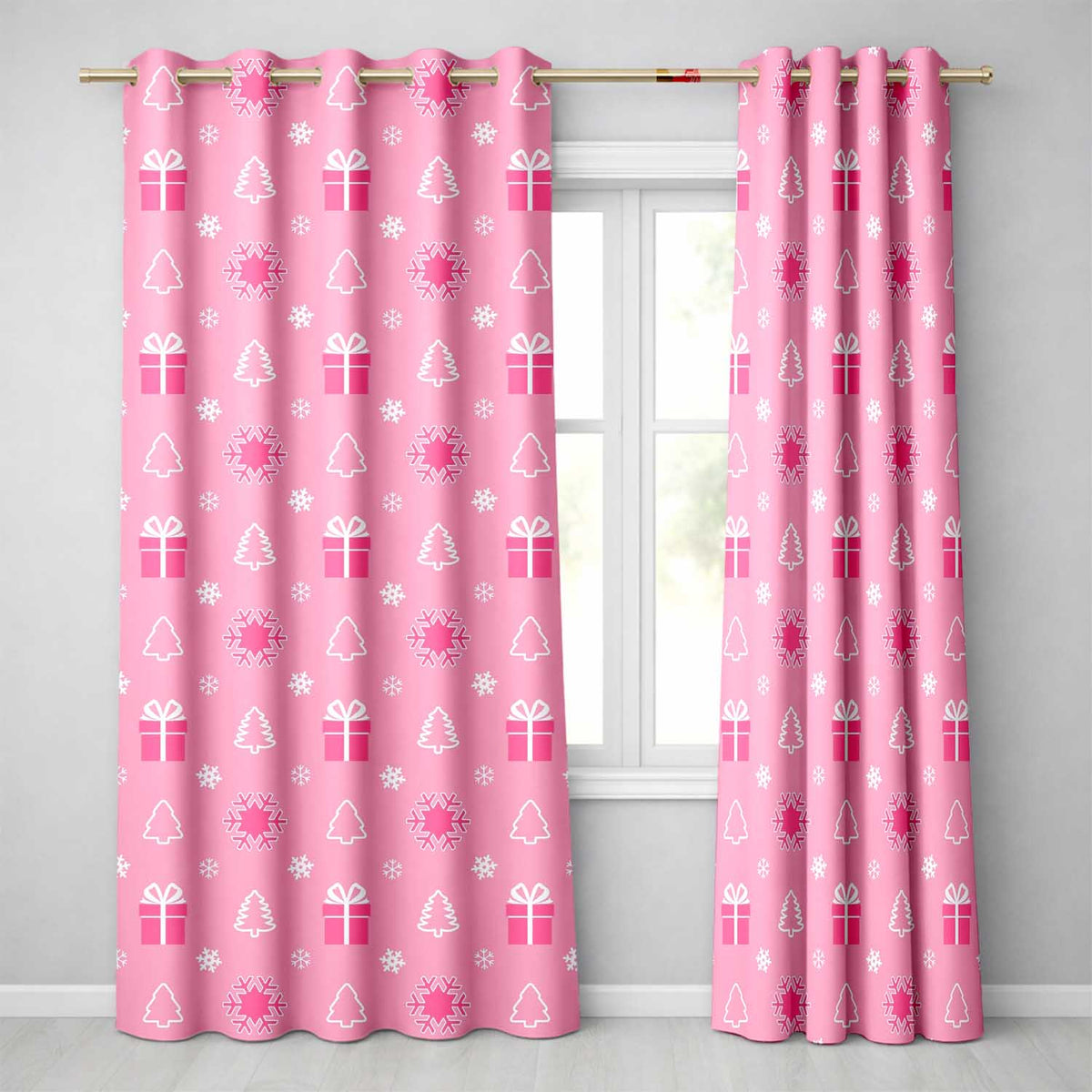 Pink Christmas Snowflakes Trees Gift Box Seamless Pattern Readymade Eyelet Ring Top Thermal 100% Blackout Curtains