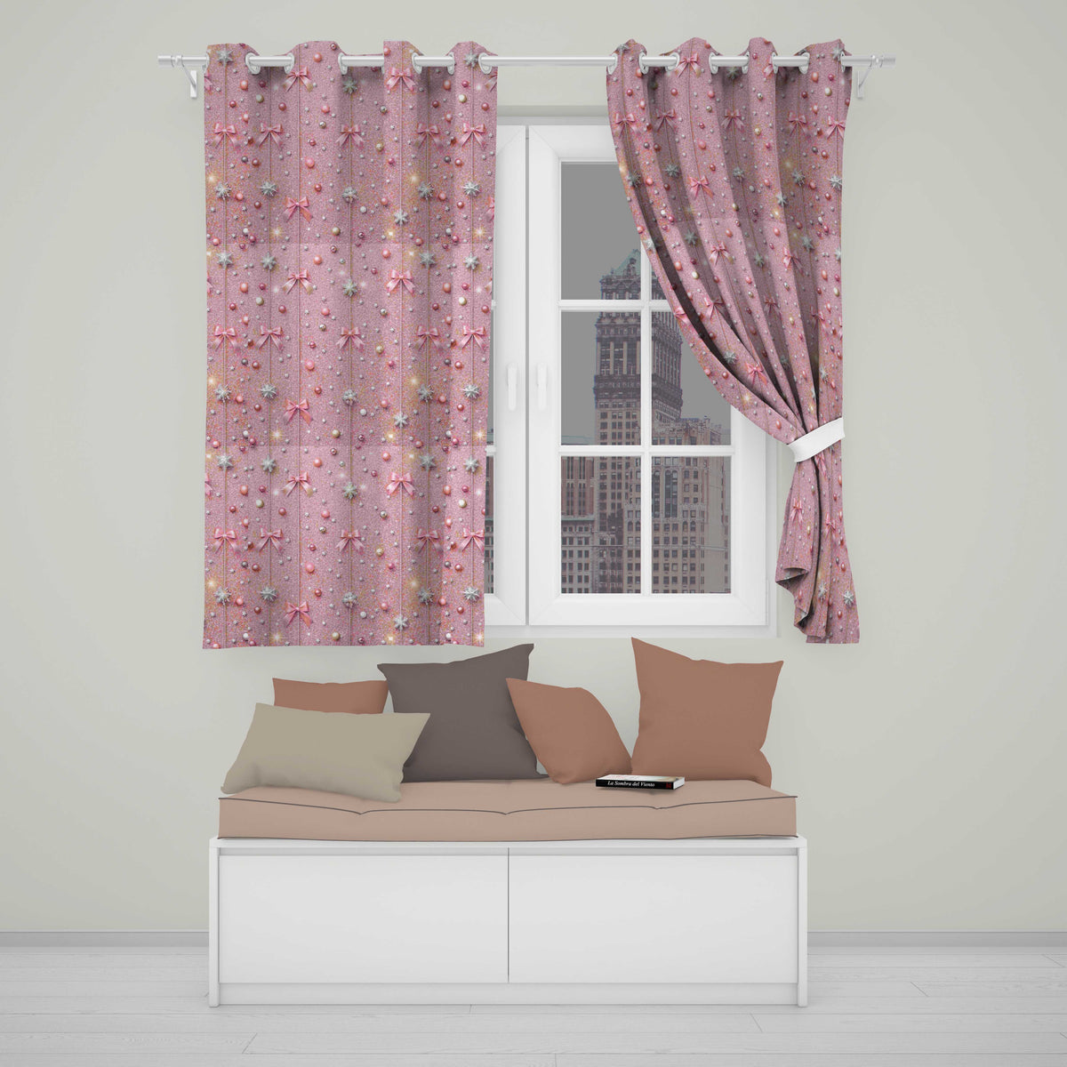 Watercolor Pink Christmas Ornaments Pine Branch Seamless Pattern Readymade Eyelet Ring Top Thermal 100% Blackout Curtains