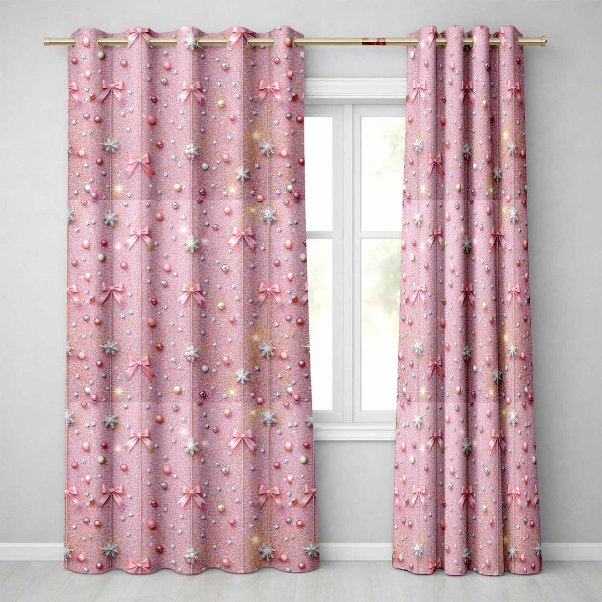 Watercolor Pink Christmas Ornaments Pine Branch Seamless Pattern Readymade Eyelet Ring Top Thermal 100% Blackout Curtains