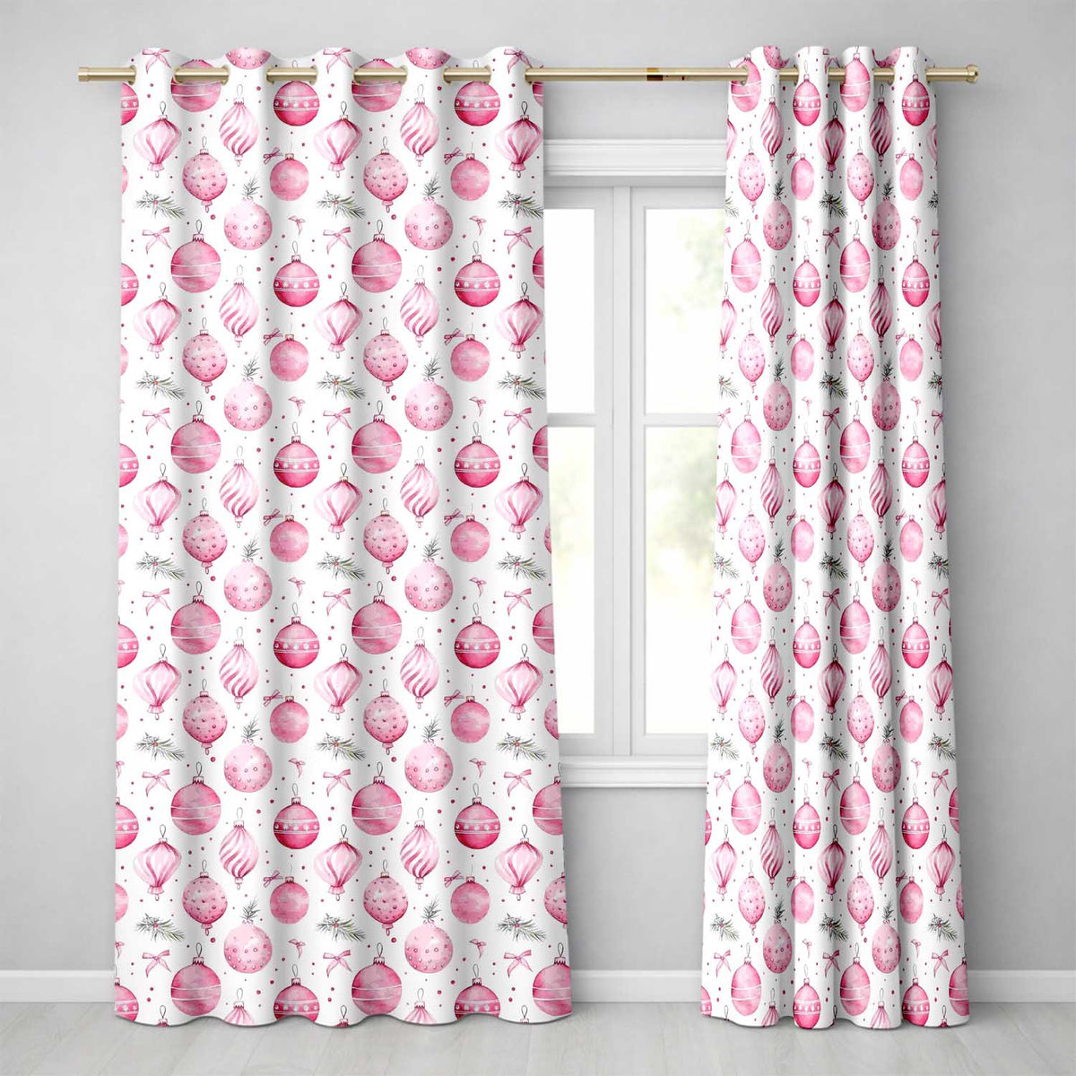 Watercolor Pink Christmas Baubles Ribbon Pine Seamless Pattern Readymade Eyelet Ring Top Thermal 100% Blackout Curtains