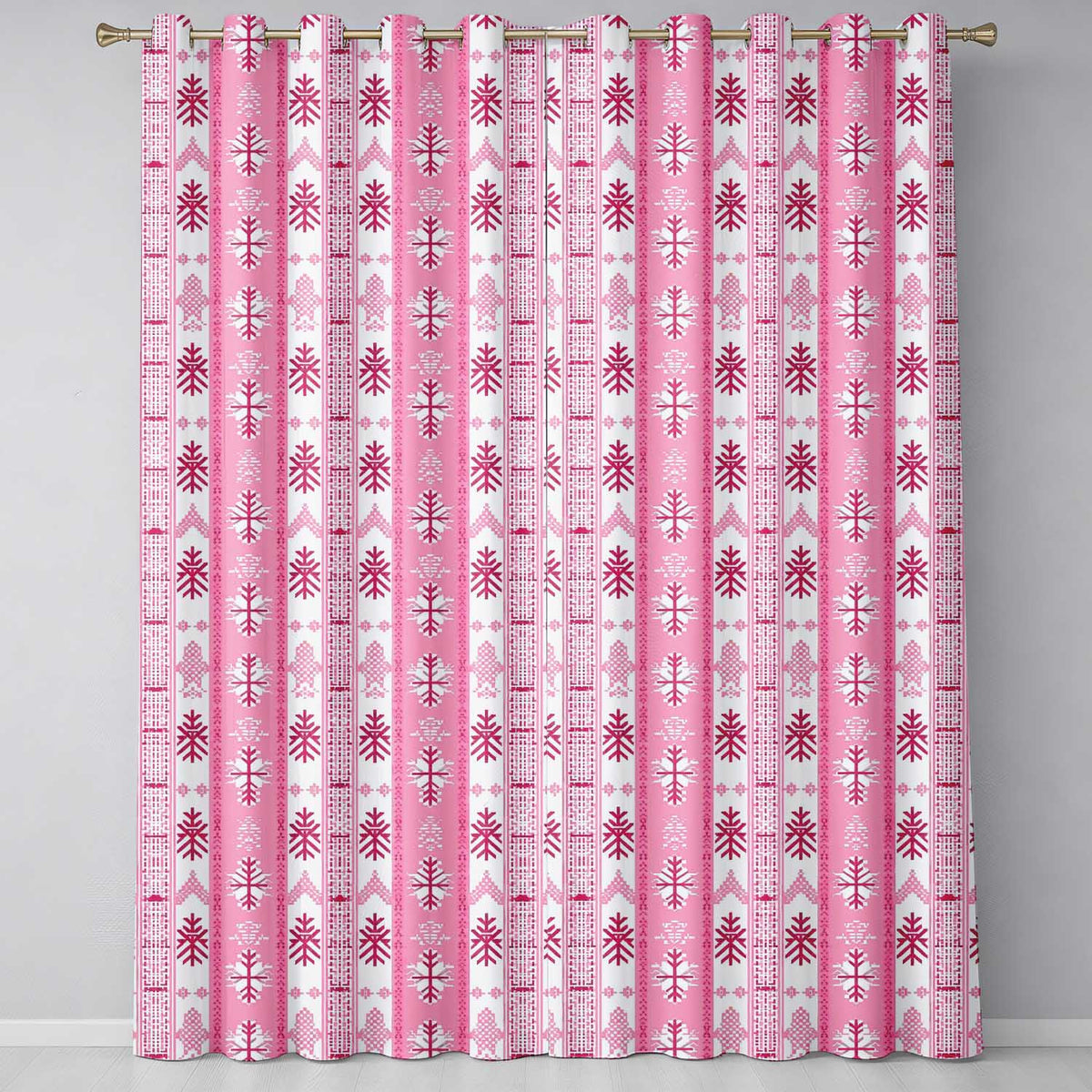 Scandinavian Pink Snowflake Nordic Seamless Pattern Readymade Eyelet Ring Top Thermal 100% Blackout Curtains