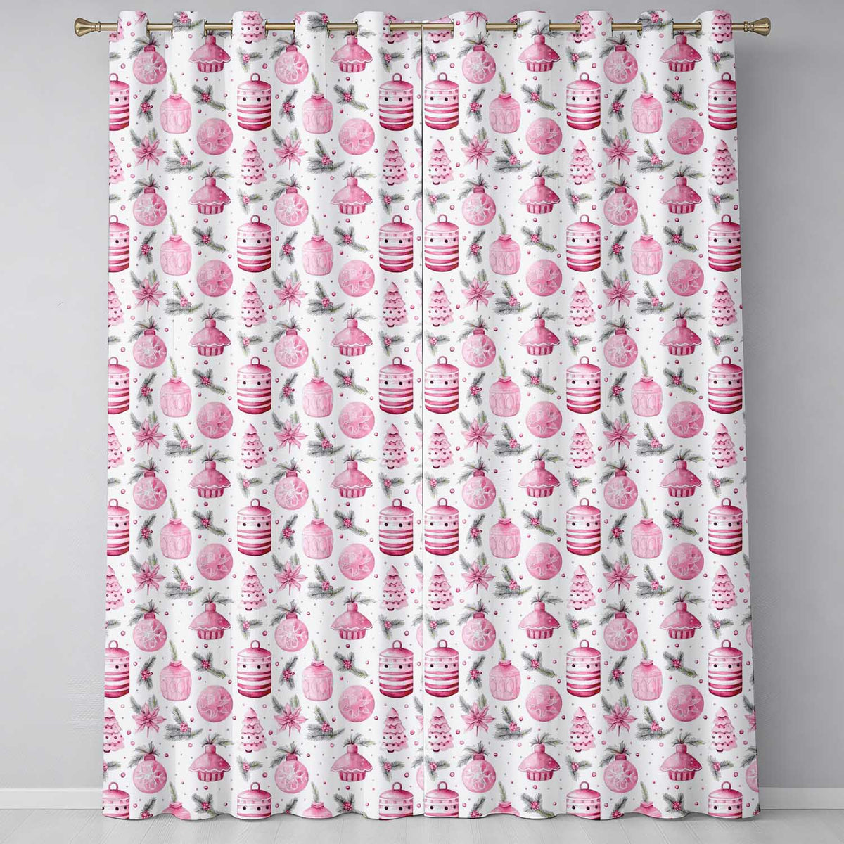 Watercolor Pink Red Berries Pine Leaves Christmas Seamless Pattern Readymade Eyelet Ring Top Thermal 100% Blackout Curtains