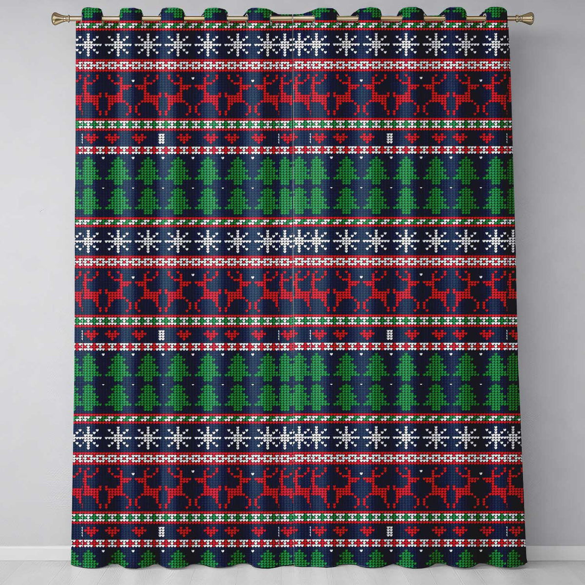 Blue Red Christmas Reindeer Snowflake Knit Seamless Pattern Readymade Eyelet Ring Top Thermal 100% Blackout Curtains
