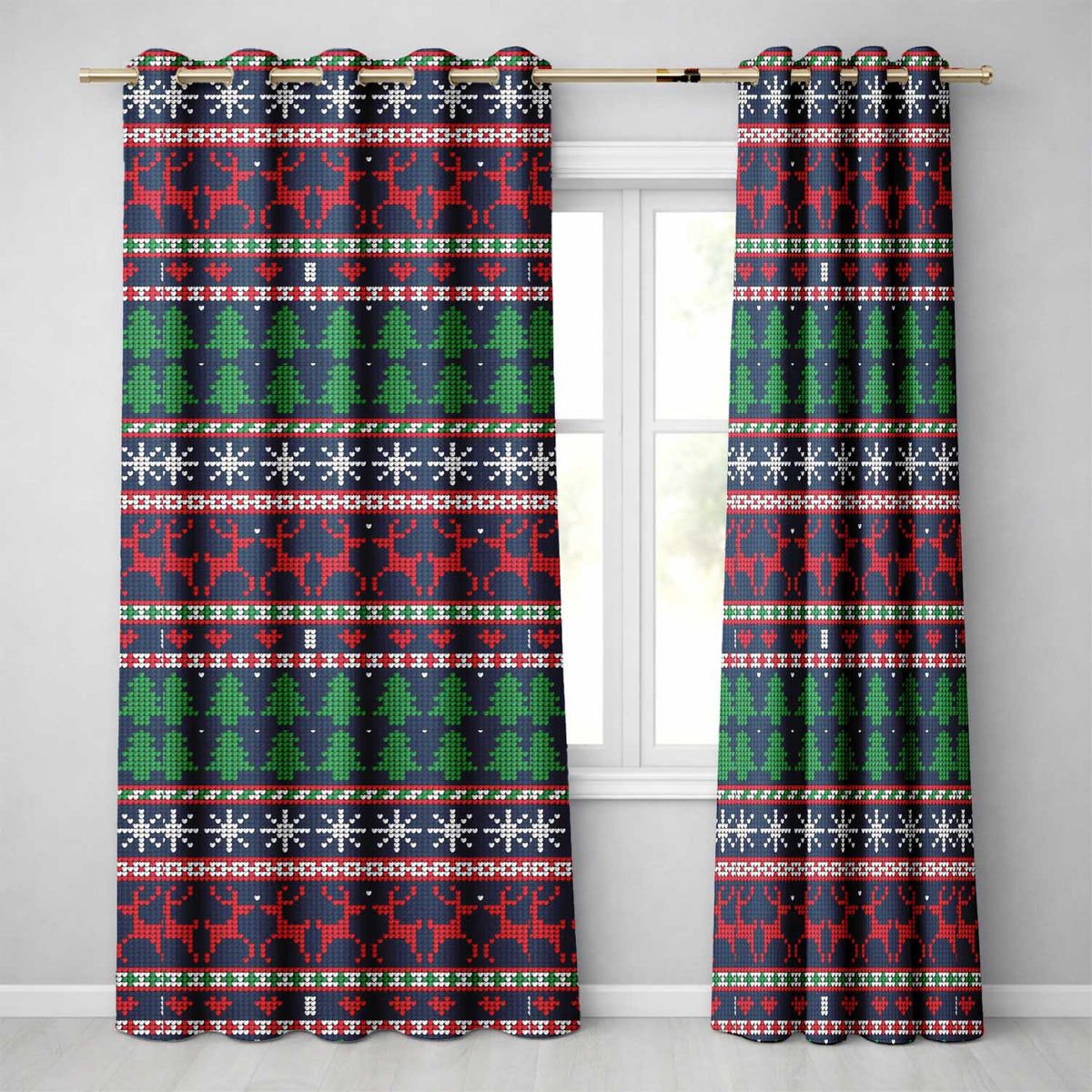 Blue Red Christmas Reindeer Snowflake Knit Seamless Pattern Readymade Eyelet Ring Top Thermal 100% Blackout Curtains