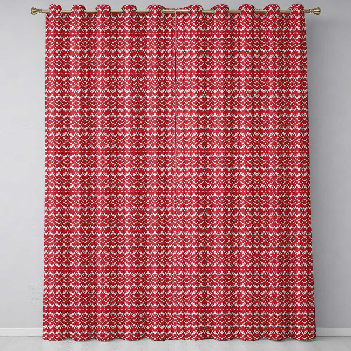 Classic Red Nordic Knit Heart Fair Isle Seamless Pattern Readymade Eyelet Ring Top Thermal 100% Blackout Curtains