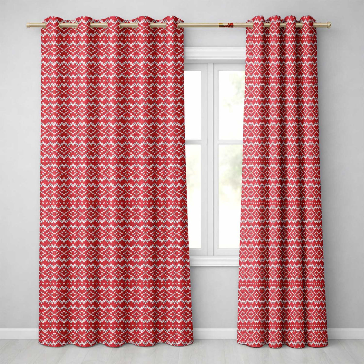 Classic Red Nordic Knit Heart Fair Isle Seamless Pattern Readymade Eyelet Ring Top Thermal 100% Blackout Curtains