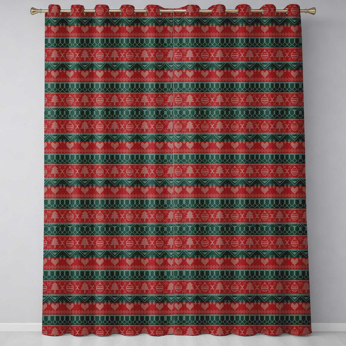 Red Green Nordic Christmas Ornament Tree Heart Knit Seamless Pattern Readymade Eyelet Ring Top Thermal 100% Blackout Curtains