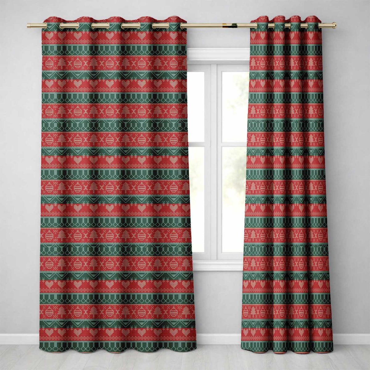 Red Green Nordic Christmas Ornament Tree Heart Knit Seamless Pattern Readymade Eyelet Ring Top Thermal 100% Blackout Curtains