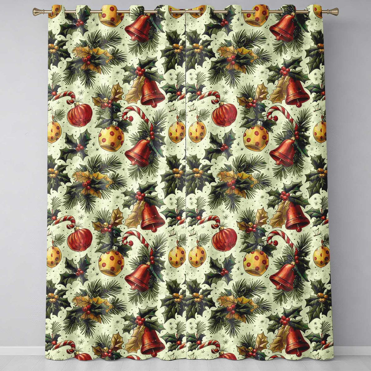 Vintage Christmas Holly Bell Ornament Botanical Seamless Pattern Readymade Eyelet Ring Top Thermal 100% Blackout Curtains