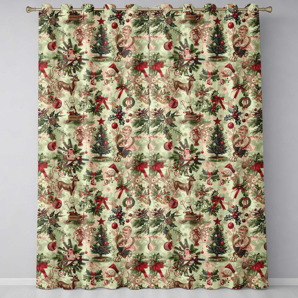 Classic Vintage Christmas Toys Tree Santa Festive Seamless Pattern Readymade Eyelet Ring Top Thermal 100% Blackout Curtains