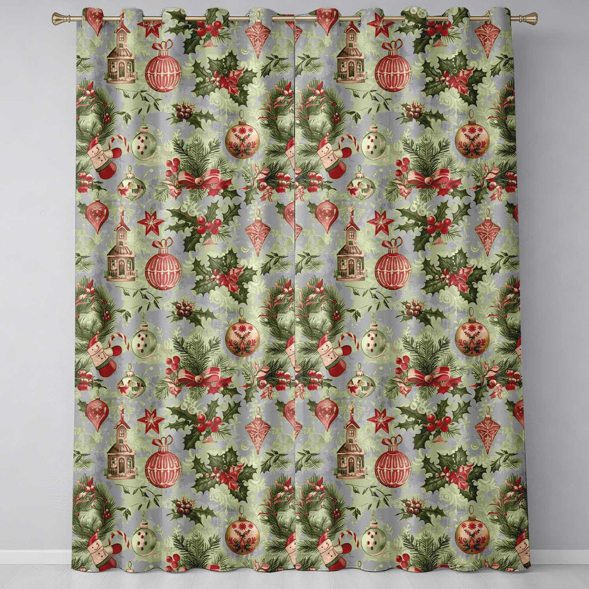 Christmas Ornament Holly Snowman Festive Seamless Pattern Readymade Eyelet Ring Top Thermal 100% Blackout Curtains