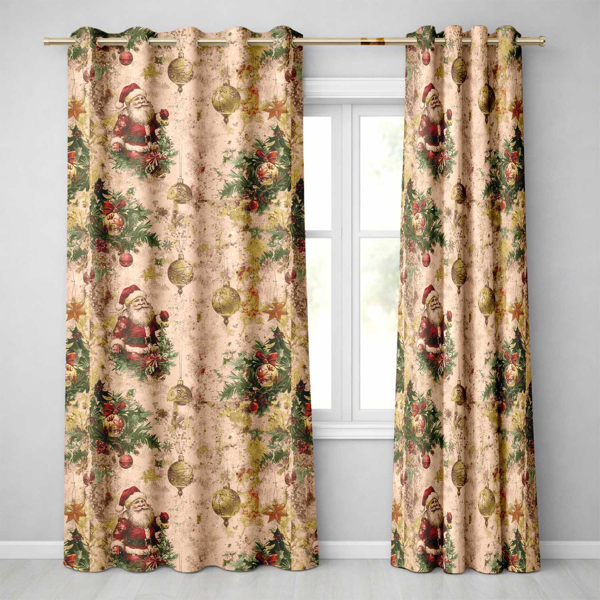 Rustic Vintage Santa Pine Branch Ornament Seamless Pattern Readymade Eyelet Ring Top Thermal 100% Blackout Curtains