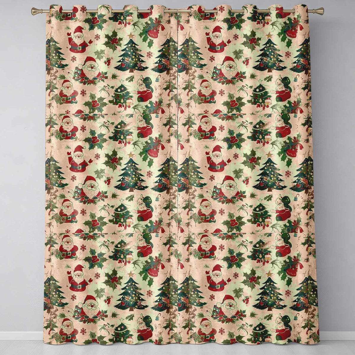 Cute Cartoon Santa Christmas Tree Holly Seamless Pattern Readymade Eyelet Ring Top Thermal 100% Blackout Curtains