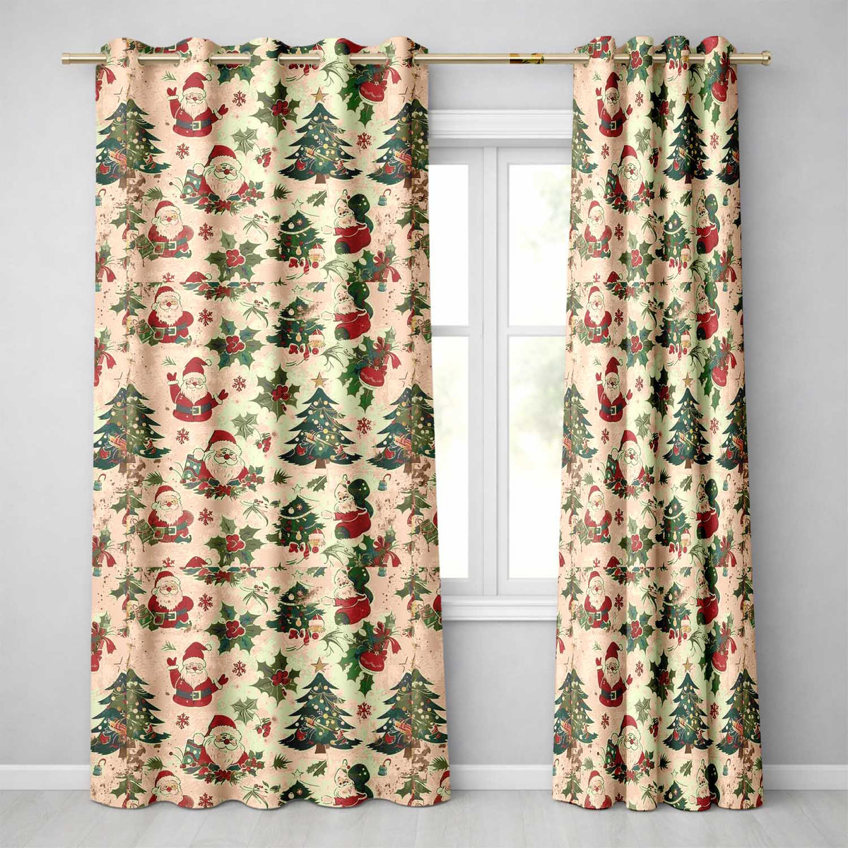 Cute Cartoon Santa Christmas Tree Holly Seamless Pattern Readymade Eyelet Ring Top Thermal 100% Blackout Curtains
