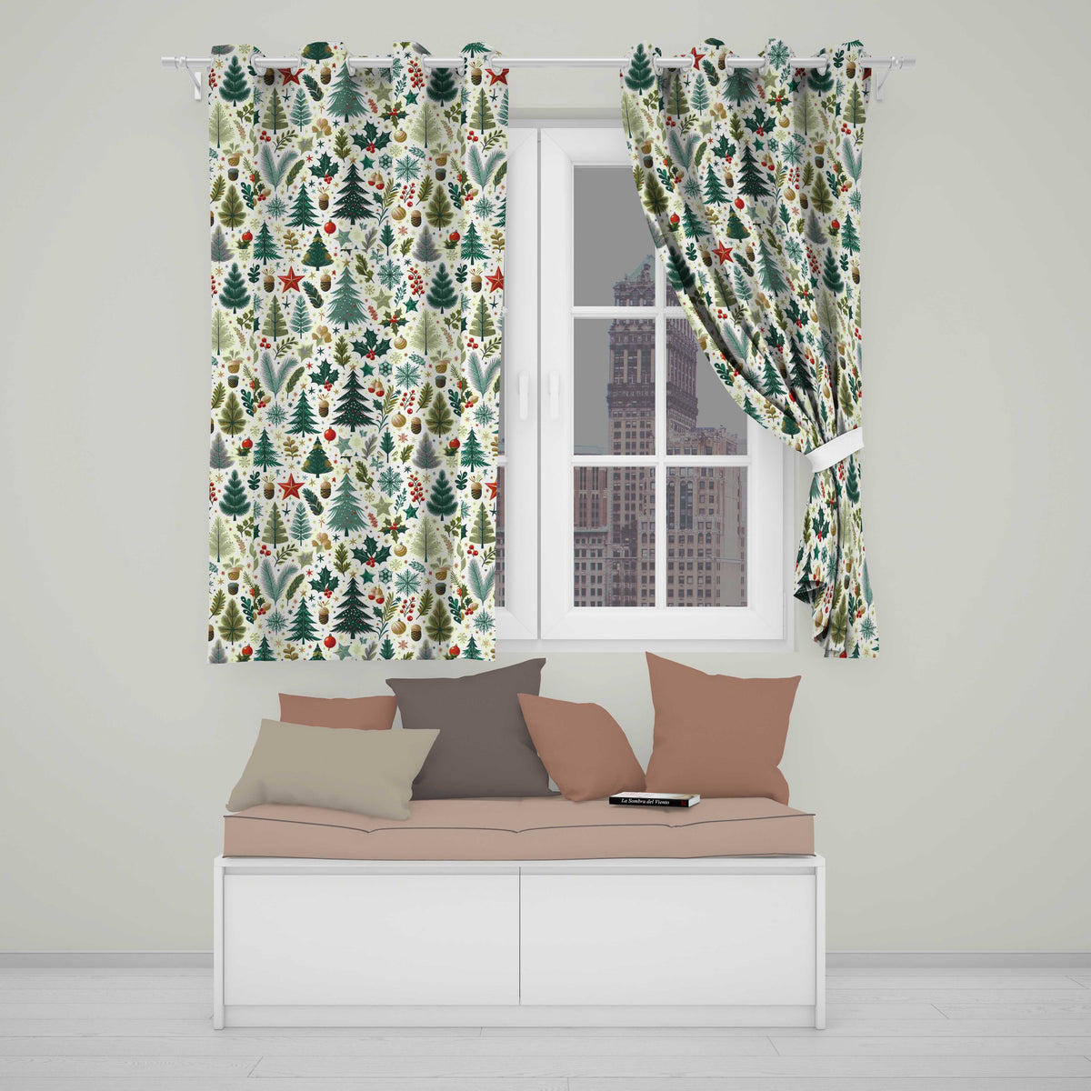 Scandinavian Christmas Tree Holly Berry Winter Seamless Pattern Readymade Eyelet Ring Top Thermal 100% Blackout Curtains