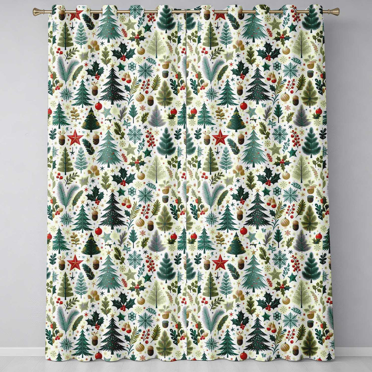 Scandinavian Christmas Tree Holly Berry Winter Seamless Pattern Readymade Eyelet Ring Top Thermal 100% Blackout Curtains