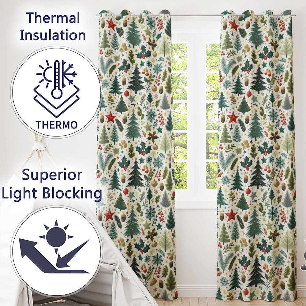 Scandinavian Christmas Tree Holly Berry Winter Seamless Pattern Readymade Eyelet Ring Top Thermal 100% Blackout Curtains