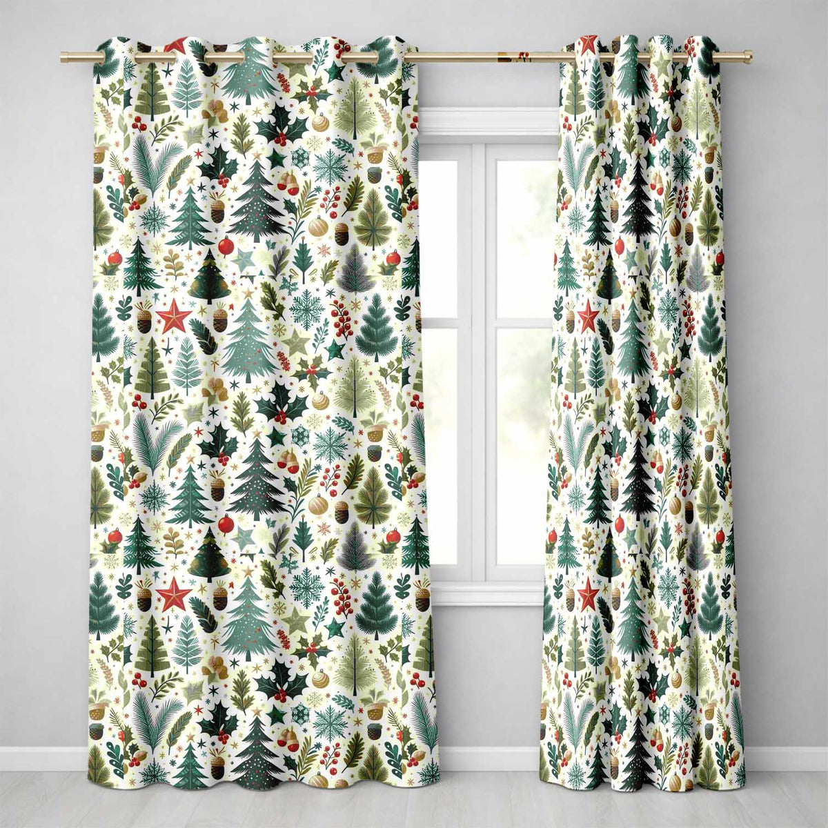 Scandinavian Christmas Tree Holly Berry Winter Seamless Pattern Readymade Eyelet Ring Top Thermal 100% Blackout Curtains