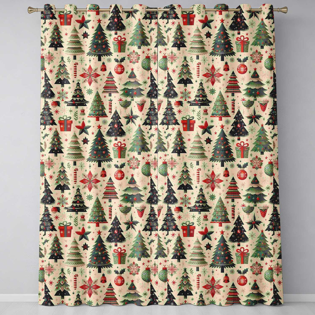 Festive Christmas Tree Gift Ornament Star Holiday Seamless Pattern Readymade Eyelet Ring Top Thermal 100% Blackout Curtains