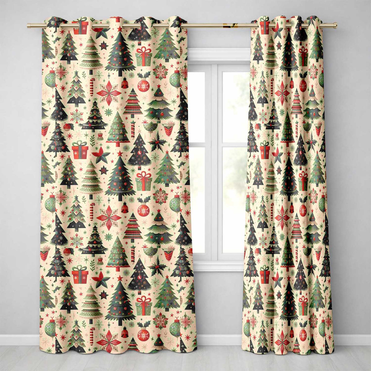Festive Christmas Tree Gift Ornament Star Holiday Seamless Pattern Readymade Eyelet Ring Top Thermal 100% Blackout Curtains