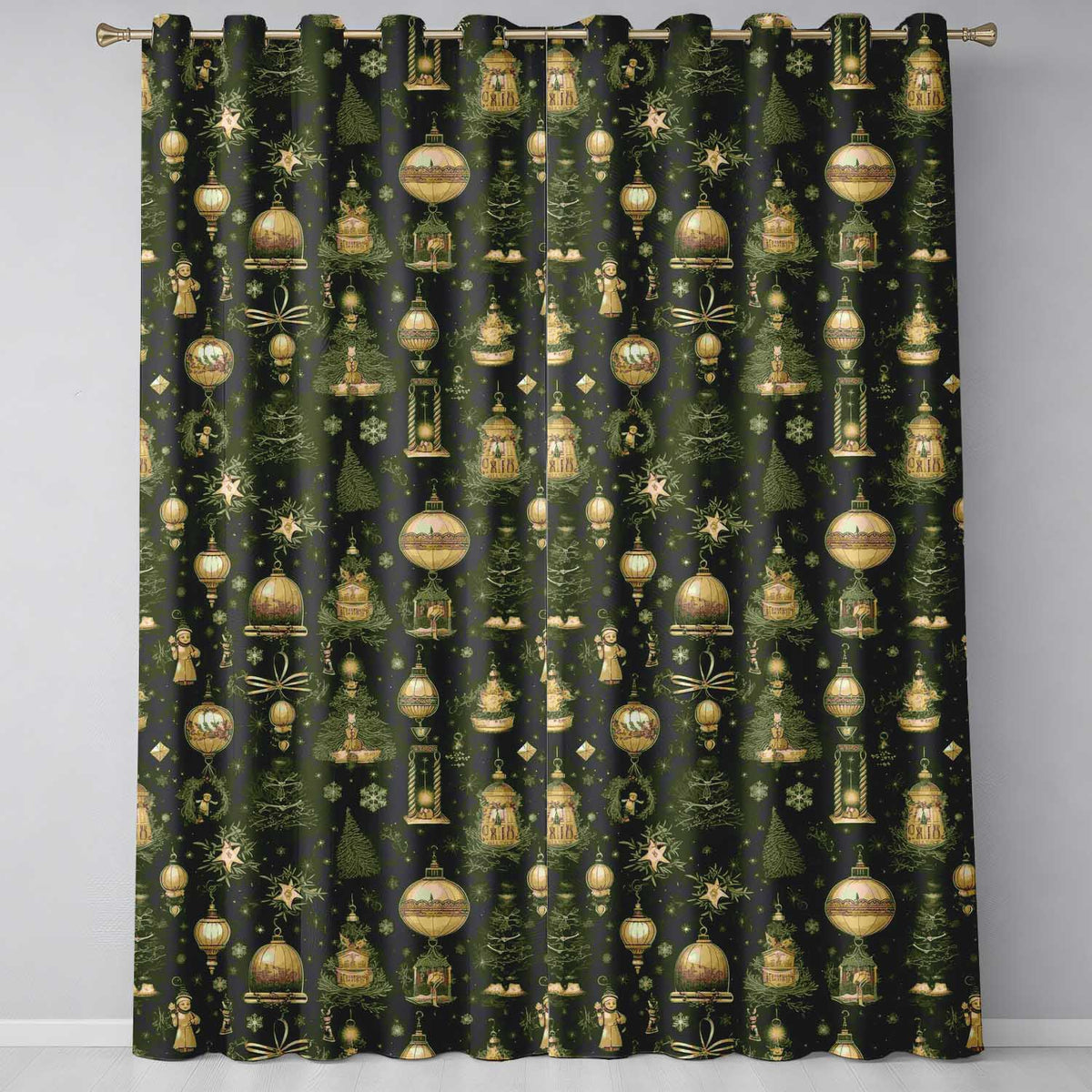 Luxury Christmas Gold Ornament Tree Winter Seamless Pattern Readymade Eyelet Ring Top Thermal 100% Blackout Curtains