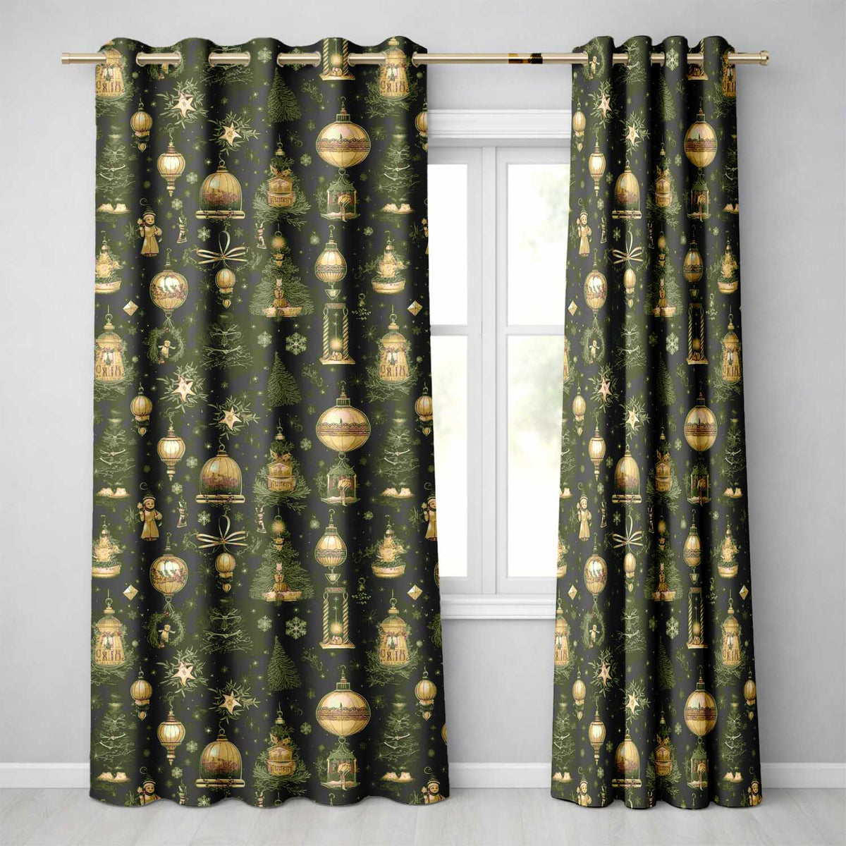 Luxury Christmas Gold Ornament Tree Winter Seamless Pattern Readymade Eyelet Ring Top Thermal 100% Blackout Curtains