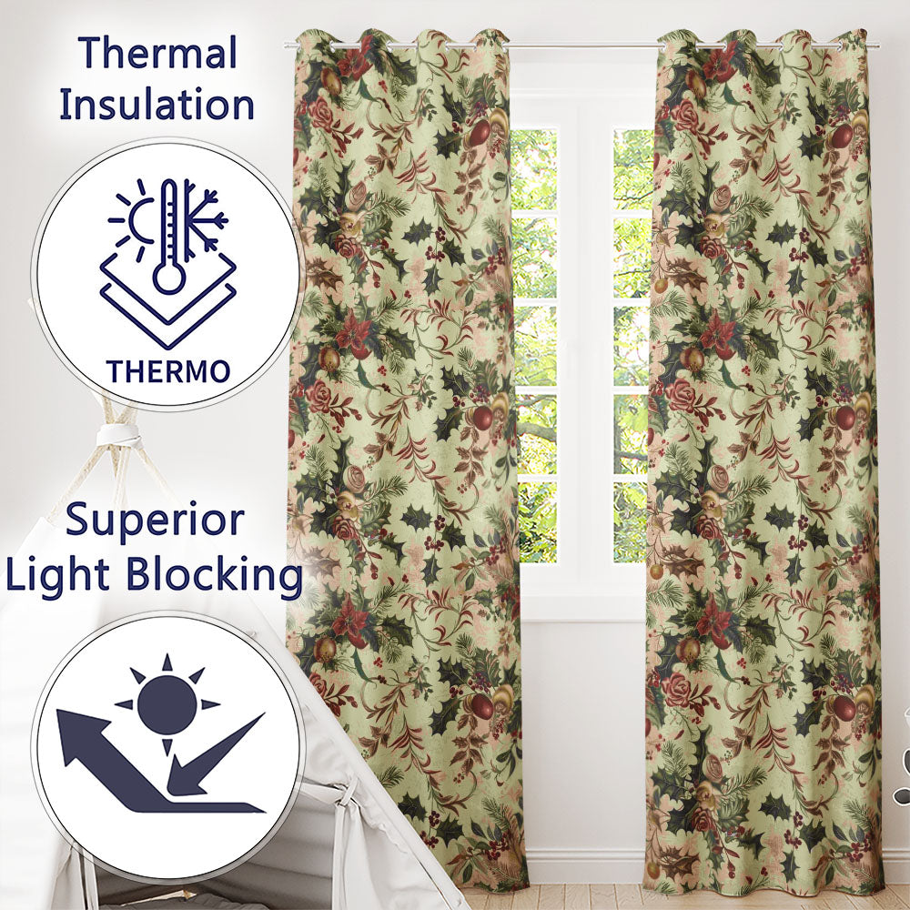 Vintage Christmas Holly Berry Floral Elegant Seamless Pattern Readymade Eyelet Ring Top Thermal 100% Blackout Curtains
