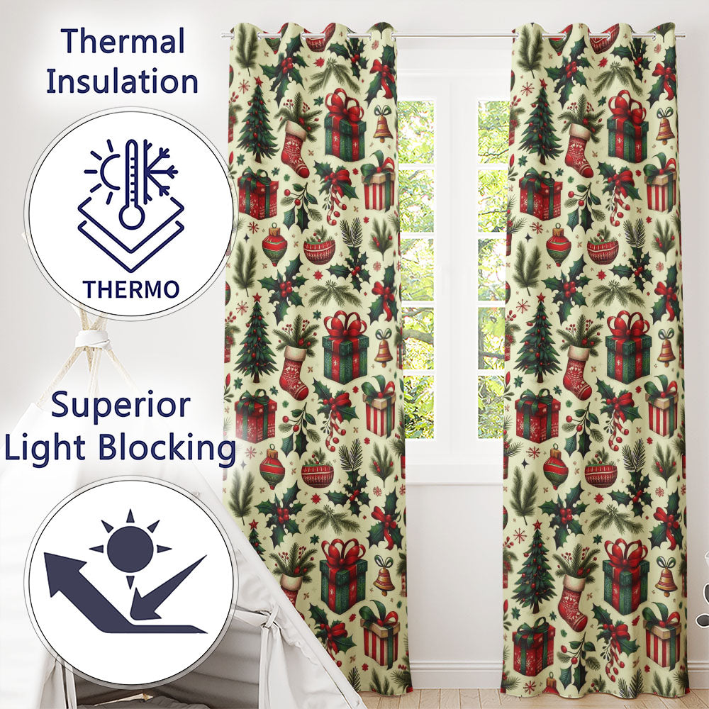 Christmas Holly Gift Tree Bell Festive Seamless Pattern Readymade Eyelet Ring Top Thermal 100% Blackout Curtains