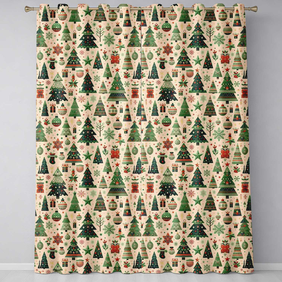 Scandinavian Christmas Tree Star Ornament Nordic Seamless Pattern Readymade Eyelet Ring Top Thermal 100% Blackout Curtains