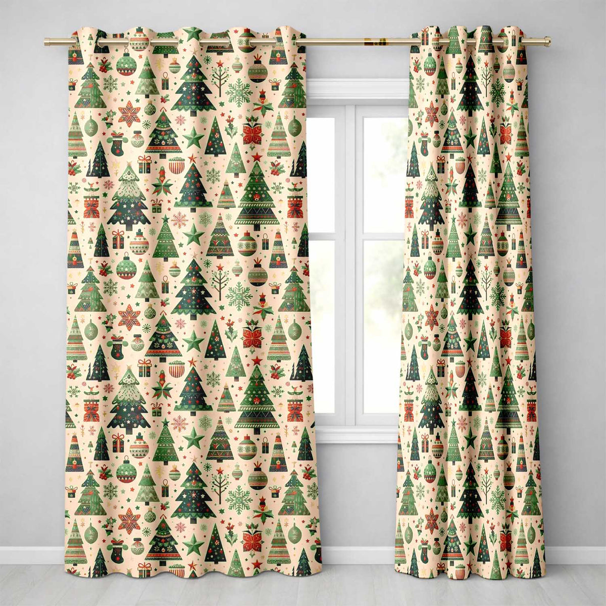Scandinavian Christmas Tree Star Ornament Nordic Seamless Pattern Readymade Eyelet Ring Top Thermal 100% Blackout Curtains