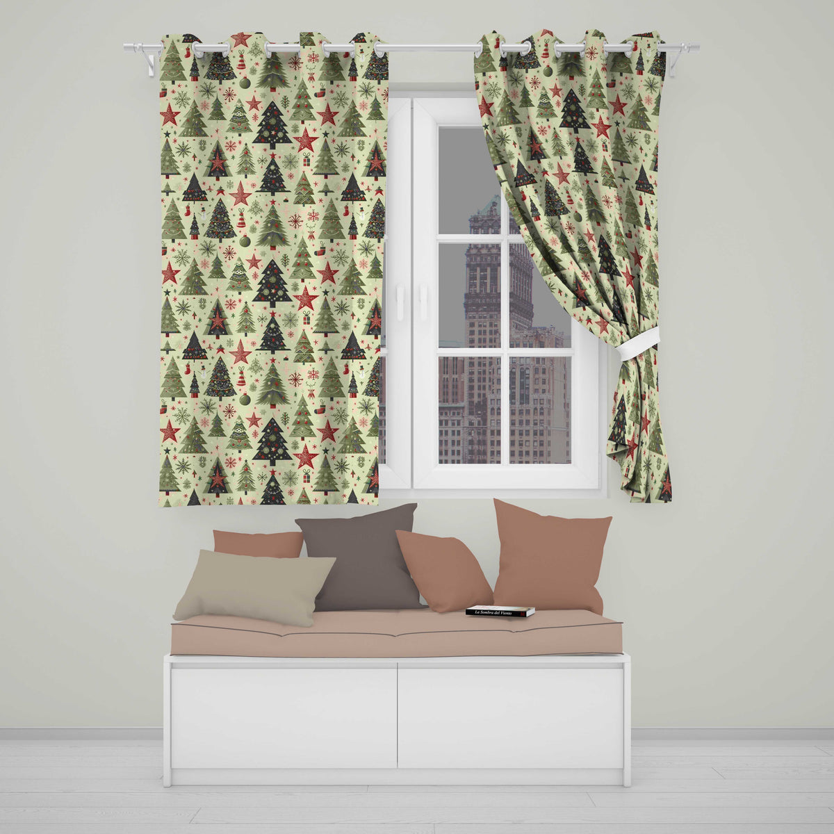 Christmas Tree Star Snowflake Folk Art Seamless Pattern Readymade Eyelet Ring Top Thermal 100% Blackout Curtains