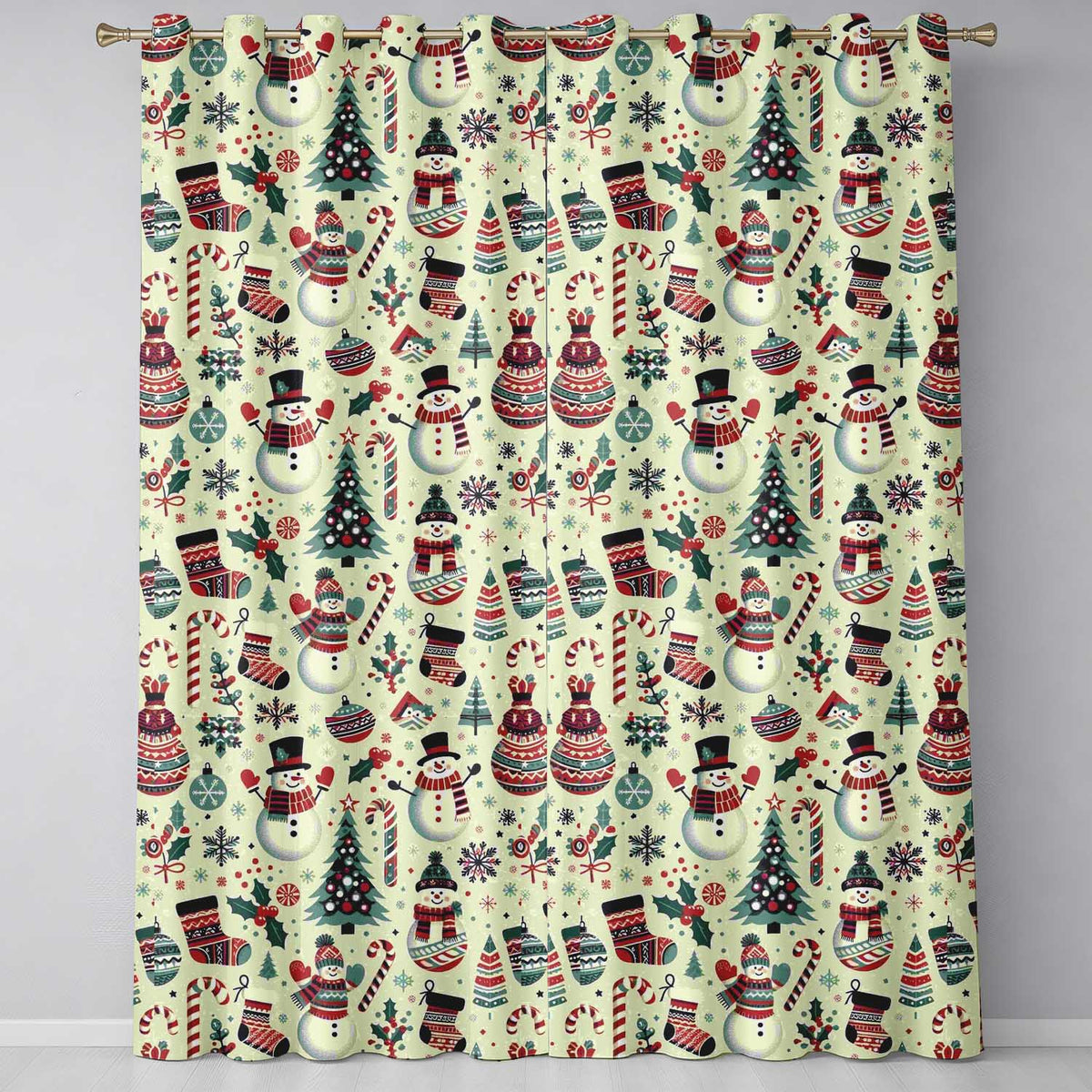 Cute Snowman Candy Cane Christmas Tree Festive Seamless Pattern Readymade Eyelet Ring Top Thermal 100% Blackout Curtains