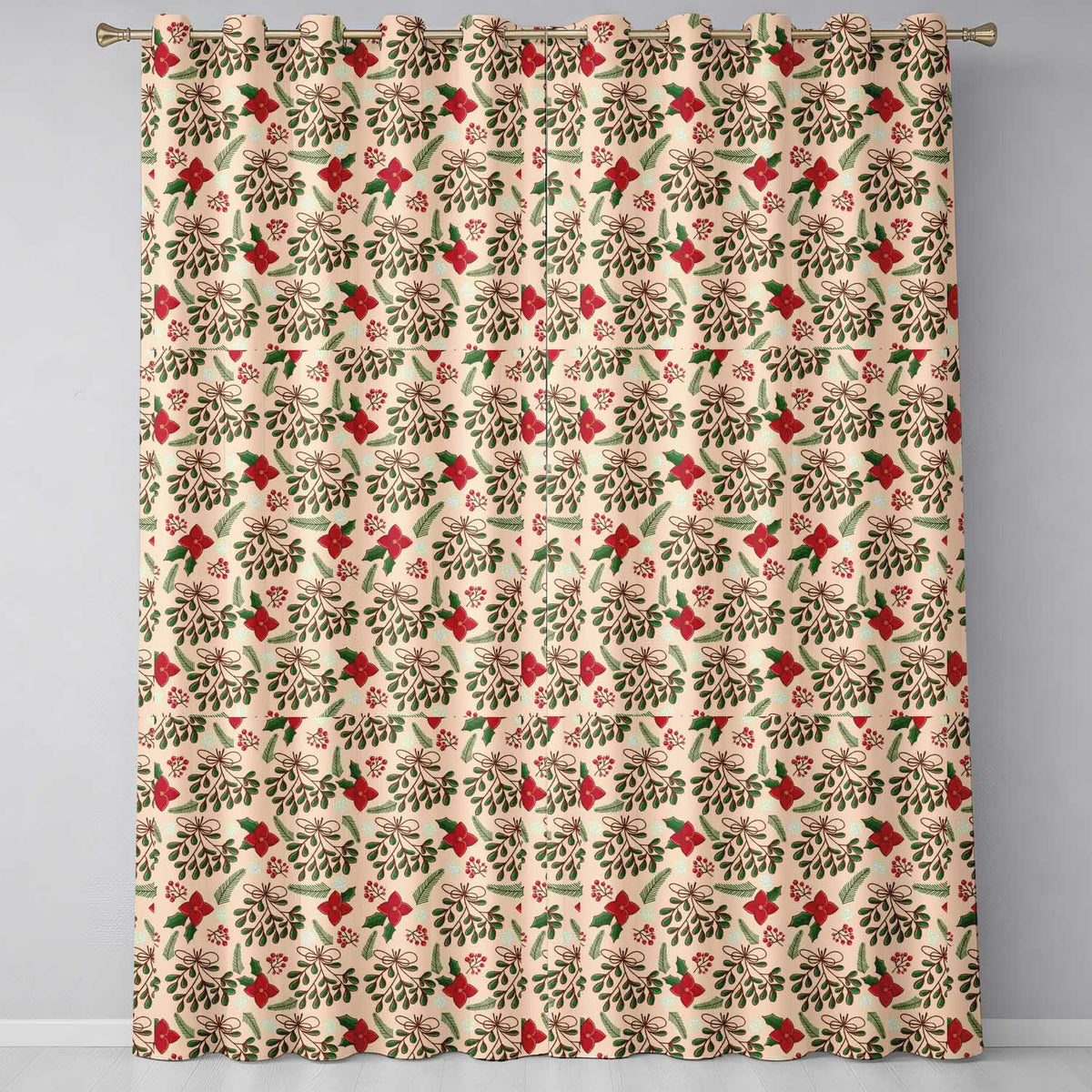 Festive Christmas Mistletoe Bow Berry Seamless Pattern Readymade Eyelet Ring Top Thermal 100% Blackout Curtains