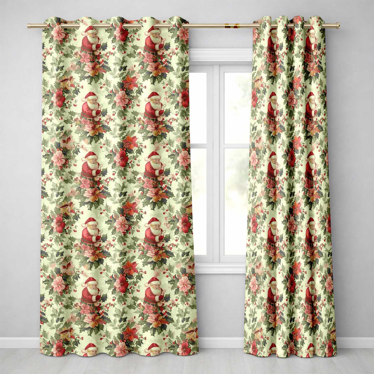 Vintage Santa Claus Holly Floral Christmas Seamless Pattern Readymade Eyelet Ring Top Thermal 100% Blackout Curtains